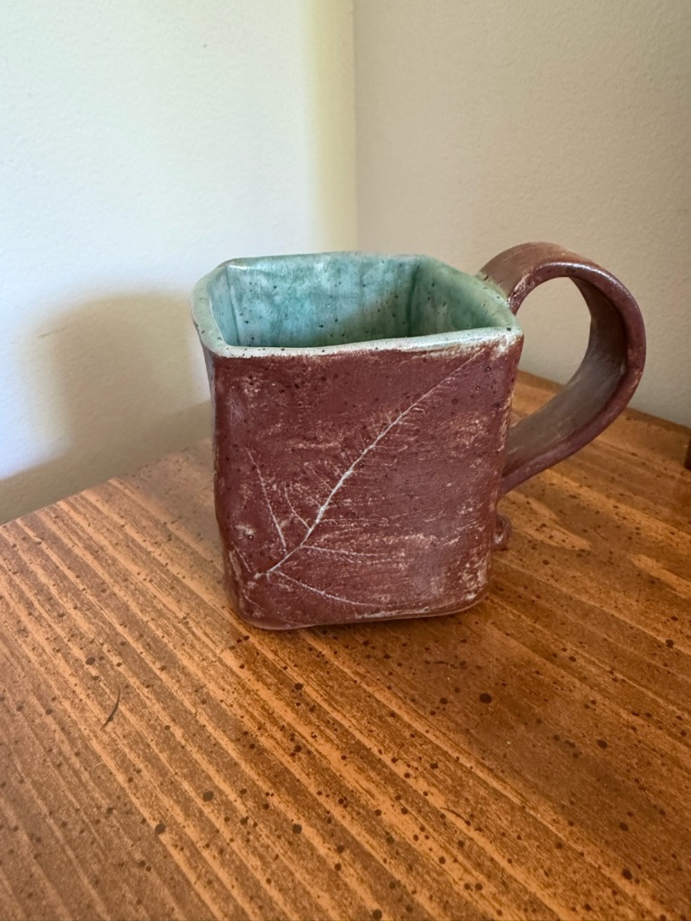 Handmade Square Ceramic Mug in Rust Red with Seafoam Glaze